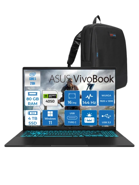 Asus Vivobook 16 V3607VU Intel Core 5 210H 80GB 4tb SSD RTX4050 6gb Windows 11 Pro 16" Wuxga 144HZ 300NITS Taşınabilir Bilgisayar RP276H22 + Zetta Çanta ürün görseli 1