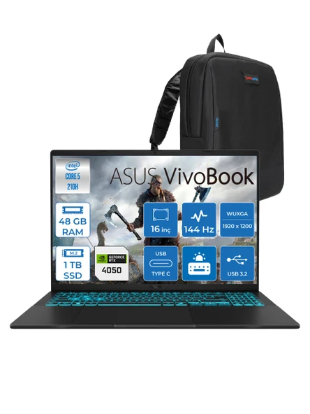 Asus Vivobook 16 V3607VU Intel Core 5 210H 48GB 1tb SSD RTX4050 6gb Freedos 16" Wuxga 144HZ 300NITS Taşınabilir Bilgisayar RP276F13 + Zetta Çanta