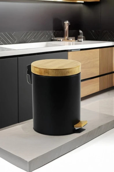 Bambu Kapaklı Siyah Metal Çöp Kovası - 3 L - 5