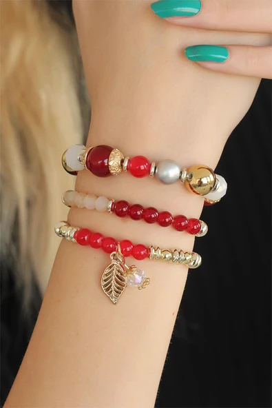 Bordo Kırmızı Boncuklu Bayan Bileklik - TJ-BB2650-KS