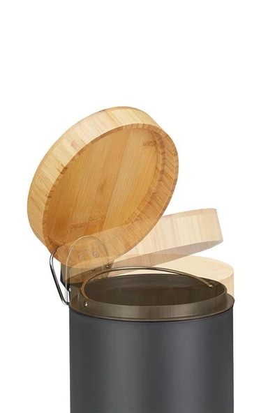 Bambu Kapaklı Siyah Metal Çöp Kovası - 3 L - 4