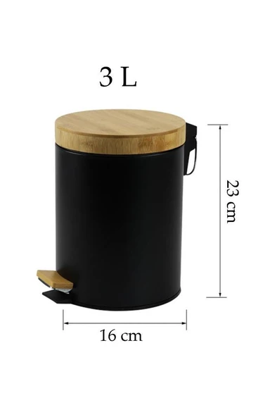 Bambu Kapaklı Siyah Metal Çöp Kovası - 3 L - 6