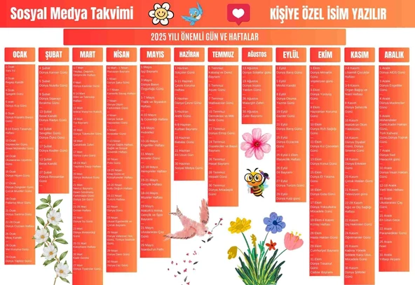 2025 Kişiye Özel Sosyal Medya Takvimi - Özel Günlerle Dolu Eğlenceli Duvar Afişi Bahar - 1