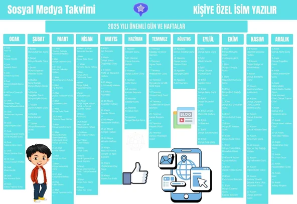 2025 Kişiye Özel Sosyal Medya Takvimi - Özel Günlerle Dolu Eğlenceli Duvar Afişi Açık Mavi - 1