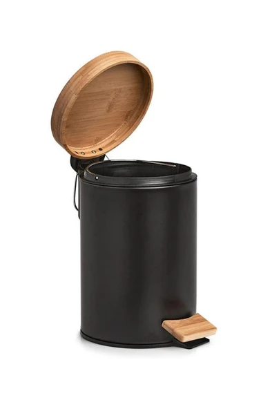 Bambu Kapaklı Siyah Metal Çöp Kovası - 3 L - 3