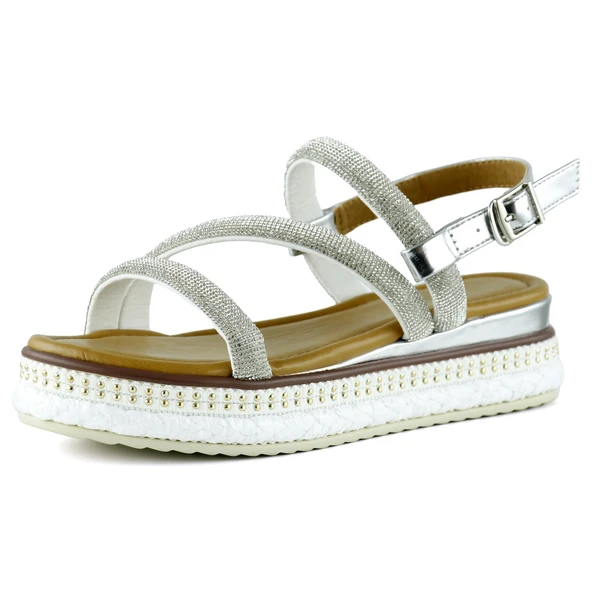 Erkan Saçmacı Gümüş Üç Bant Taşlı İnci Detaylı Zikzak Örgülü Platform Sandalet ürün görseli