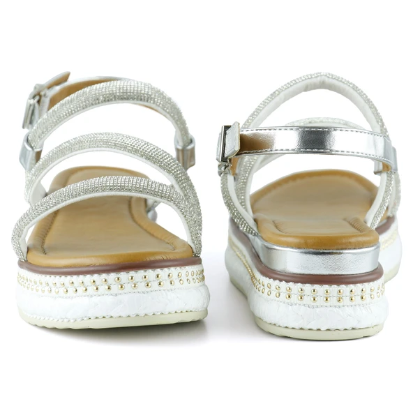 Erkan Saçmacı Gümüş Üç Bant Taşlı İnci Detaylı Zikzak Örgülü Platform Sandalet - Resim 4