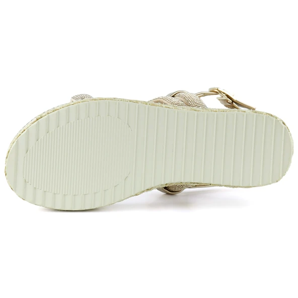 Erkan Saçmacı Bronz Üç Bant Taşlı İnci Detaylı Zikzak Örgülü Platform Sandalet - 5