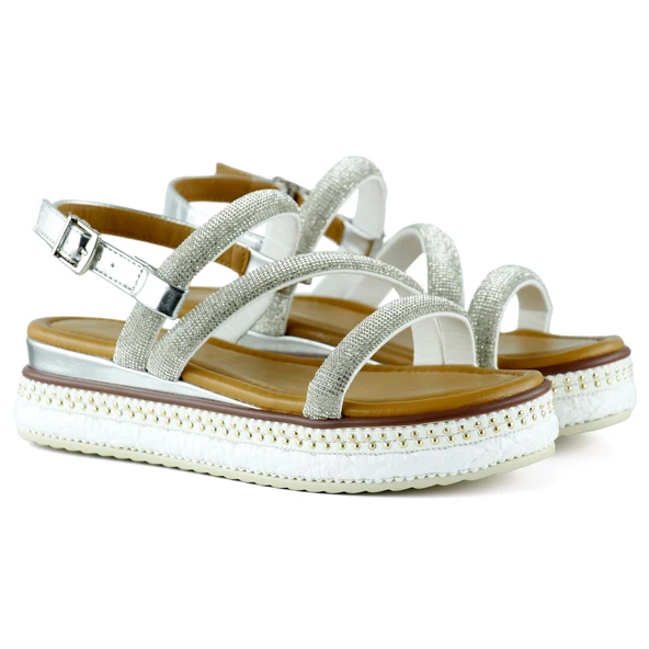 Erkan Saçmacı Gümüş Üç Bant Taşlı İnci Detaylı Zikzak Örgülü Platform Sandalet - Resim 3