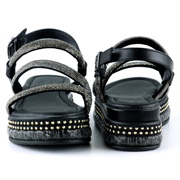 Erkan Saçmacı Siyah Üç Bant Taşlı İnci Detaylı Zikzak Örgülü Platform Sandalet - 4