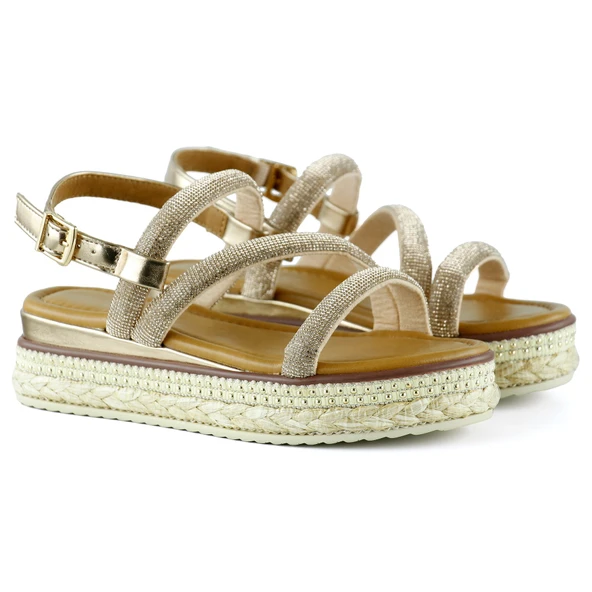 Erkan Saçmacı Bronz Üç Bant Taşlı İnci Detaylı Zikzak Örgülü Platform Sandalet - 3