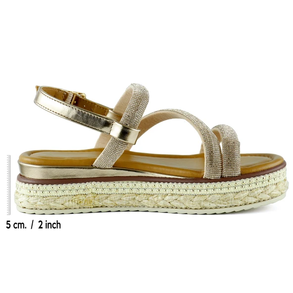 Erkan Saçmacı Bronz Üç Bant Taşlı İnci Detaylı Zikzak Örgülü Platform Sandalet - 2