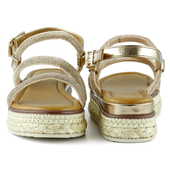 Erkan Saçmacı Bronz Üç Bant Taşlı İnci Detaylı Zikzak Örgülü Platform Sandalet - 4