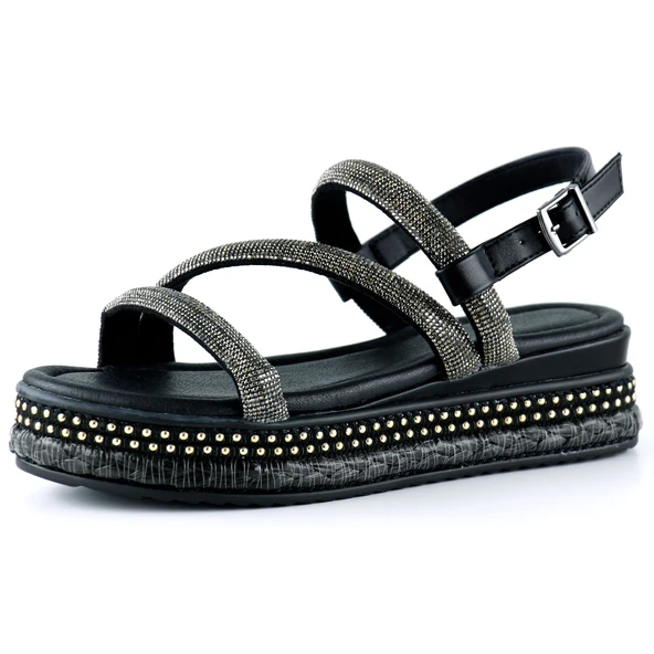 Erkan Saçmacı Siyah Üç Bant Taşlı İnci Detaylı Zikzak Örgülü Platform Sandalet