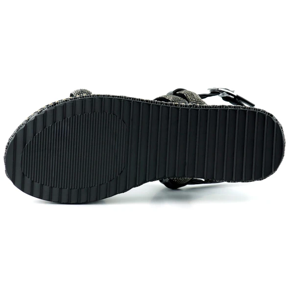 Erkan Saçmacı Siyah Üç Bant Taşlı İnci Detaylı Zikzak Örgülü Platform Sandalet - 5