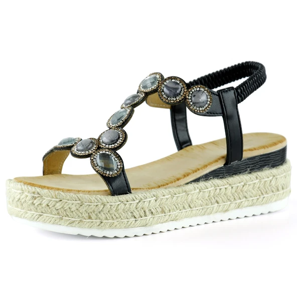 Erkan Saçmacı Siyah Kristal Taşlı Elastik Bantlı Zikzak Örgü Jüt Platform Topuklu Sandalet