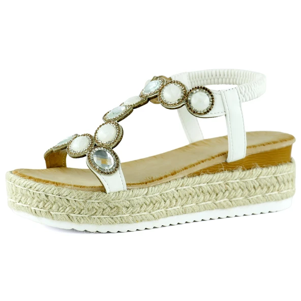 Erkan Saçmacı Beyaz Kristal Taşlı Elastik Bantlı Zikzak Örgü Jüt Platform Topuklu Sandalet