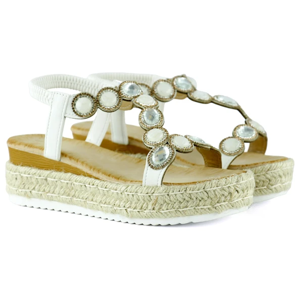 Erkan Saçmacı Beyaz Kristal Taşlı Elastik Bantlı Zikzak Örgü Jüt Platform Topuklu Sandalet - 3