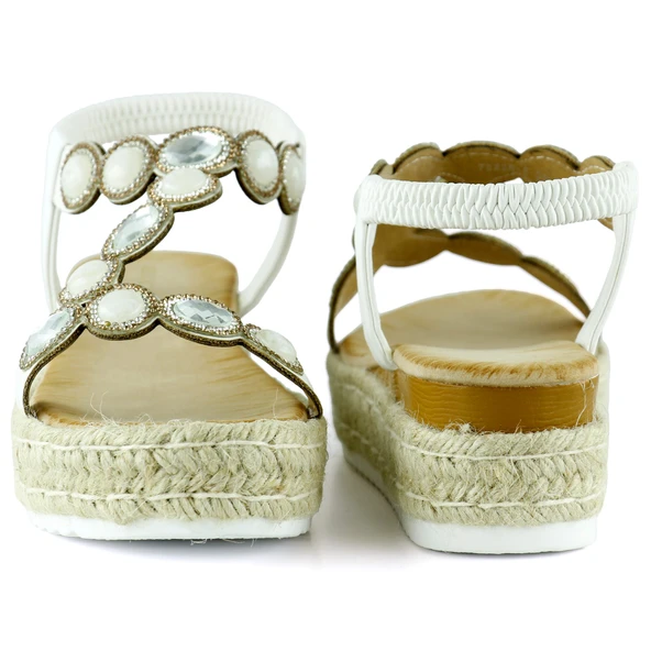 Erkan Saçmacı Beyaz Kristal Taşlı Elastik Bantlı Zikzak Örgü Jüt Platform Topuklu Sandalet - 4