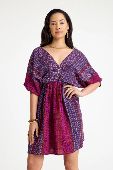 V Yaka Beli Lastikli Sırt Dekolteli Mini Elbise - 2