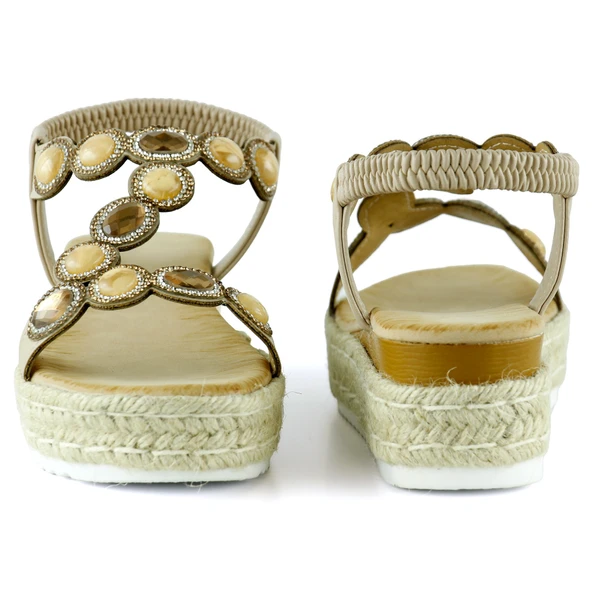Erkan Saçmacı Bej Kristal Taşlı Elastik Bantlı Zikzak Örgü Jüt Platform Topuklu Sandalet - 4