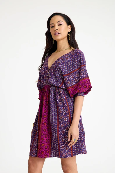 V Yaka Beli Lastikli Sırt Dekolteli Mini Elbise - 4