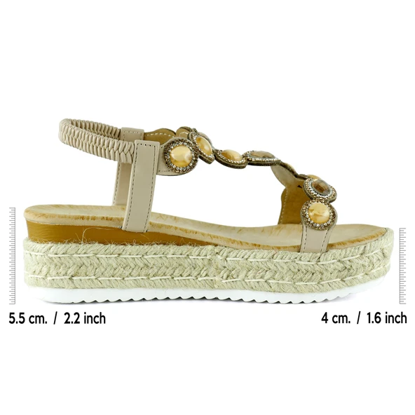 Erkan Saçmacı Bej Kristal Taşlı Elastik Bantlı Zikzak Örgü Jüt Platform Topuklu Sandalet - 2