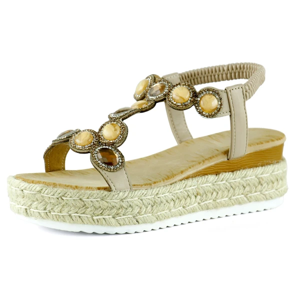 Erkan Saçmacı Bej Kristal Taşlı Elastik Bantlı Zikzak Örgü Jüt Platform Topuklu Sandalet