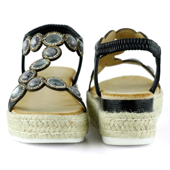 Erkan Saçmacı Siyah Kristal Taşlı Elastik Bantlı Zikzak Örgü Jüt Platform Topuklu Sandalet - 4