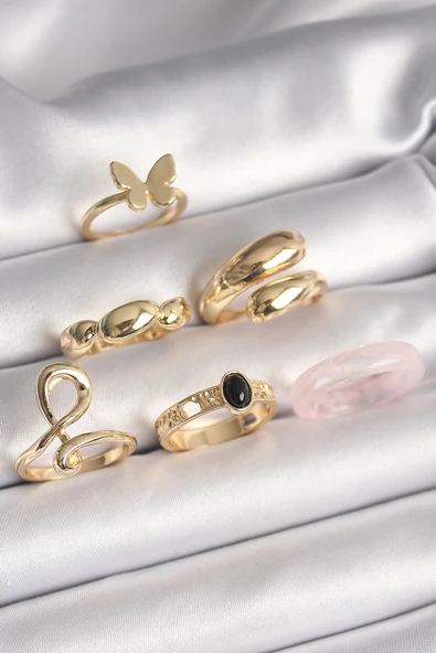 Pirinç Gold Renk Kelebek Figür Sarmal Model 6'Lı Kadın Yüzük Seti - TJ-BYK3608
