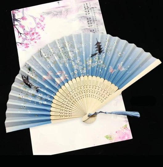 Beluga Yelpaze Bambu Serinletici Vintage Turkuaz Çiçekli Tavşanlı Şık Püsküllü Japon Yelpaze 0228