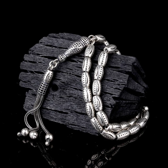 925 Ayar Gümüş Zülfikar Kılıç Tasarımlı Arpa Kesim Fizyon Tesbih - Resim 2