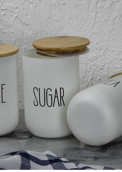 Seramik Kavanoz Seti - Bambu Kapaklı Kavanoz Takımı - Büyük Boy, 3x1000 ML - 3