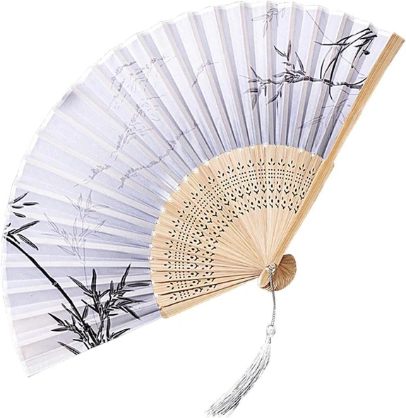 Beluga Yelpaze Bambu Serinletici Vintage Bej Şık Dekorasyon Püsküllü Japon Yelpaze 0242