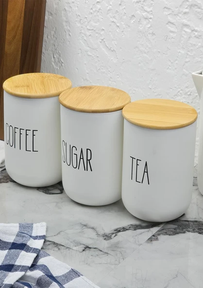 Seramik Kavanoz Seti - Bambu Kapaklı Kavanoz Takımı - Büyük Boy, 3x1000 ML - 2