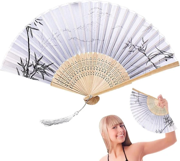 Beluga Yelpaze Bambu Serinletici Vintage Bej Şık Dekorasyon Püsküllü Japon Yelpaze 0242 - 3