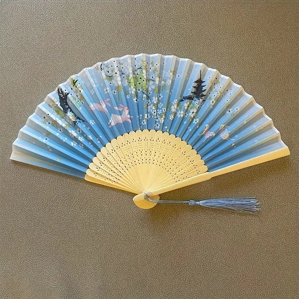 Beluga Yelpaze Bambu Serinletici Vintage Turkuaz Çiçekli Tavşanlı Şık Püsküllü Japon Yelpaze 0228 - 2