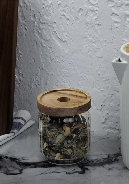 Timber Cam Kavanoz - Çizgili Saklama Kavanozu - Ahşap Kapaklı, 500 ML