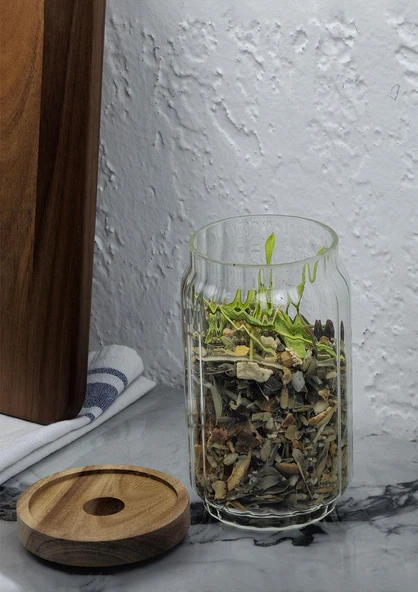 Timber Cam Kavanoz - Çizgili Saklama Kavanozu - Ahşap Kapaklı, 750 ML - 2