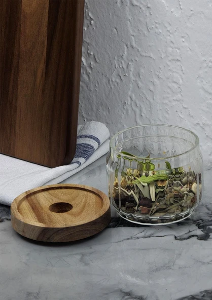 Timber Cam Kavanoz - Çizgili Saklama Kavanozu - Ahşap Kapaklı, 300 ML - 2