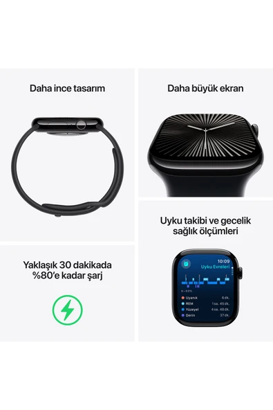 Apple Watch Series 10 GPS 46mm Simsiyah Alüminyum Kasa ve Siyah Spor Kordon Akıllı Saat S/M (Apple Türkiye Garantili) - 3