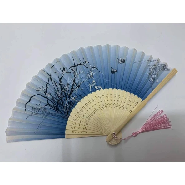 Beluga Yelpaze Bambu Serinletici Vintage Mavi Şık Dekorasyon Püsküllü Japon Yelpaze 0310