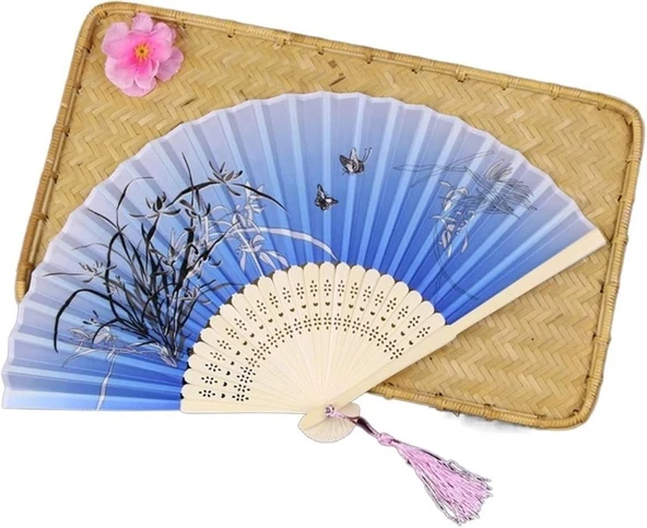 Beluga Yelpaze Bambu Serinletici Vintage Mavi Şık Dekorasyon Püsküllü Japon Yelpaze 0310 - 2