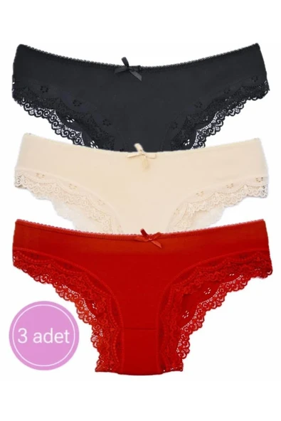 DONLİZZA Dantelli Bikini Kırmızı, Siyah, Ten 3 Adet