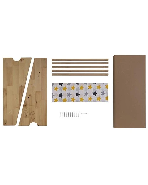 Doğal Ahşap Montessori Çocuk Kitaplığı Sarı Kumaşlı - 3