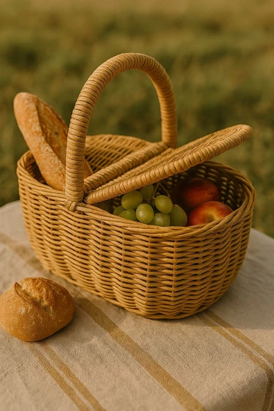 Doğal Renk Hasır Kapaklı Piknik Sepeti – El Yapımı Rattan Görünümlü 22x19 cm