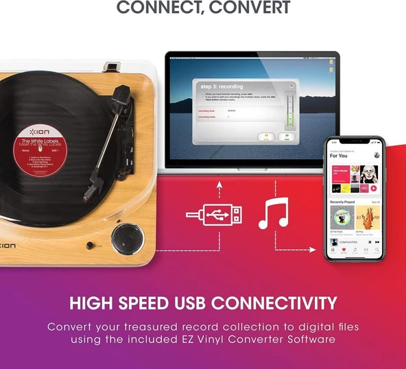 ION Audio Max LP - Dahili Hoparlörlü Vinil Kayıt Oynatıcı - Döner Tabla, Dönüştürme için USB Çıkışı ve Üç Oynatma Hızı - Doğal - 5