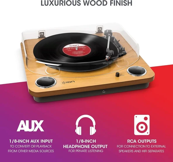 ION Audio Max LP - Dahili Hoparlörlü Vinil Kayıt Oynatıcı - Döner Tabla, Dönüştürme için USB Çıkışı ve Üç Oynatma Hızı - Doğal - 3