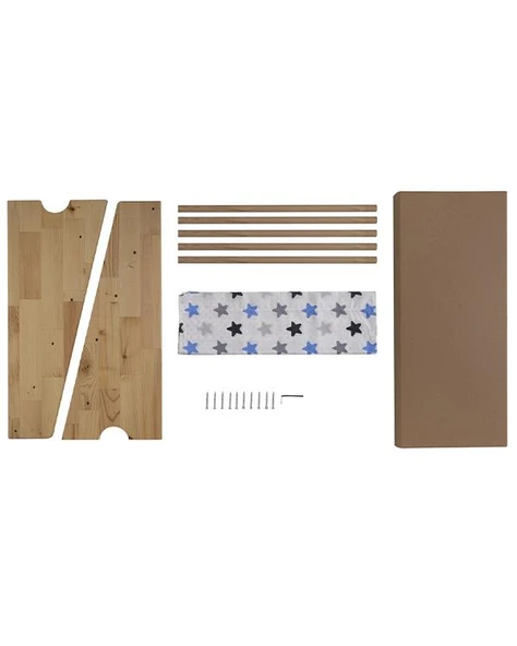 Doğal Ahşap Montessori Çocuk Kitaplığı Mavi Kumaşlı - 3