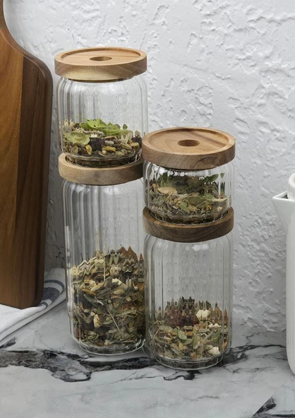 Timber Cam Kavanoz Seti - Çizgili 4'lü Saklama Kavanozu Takımı - Ahşap Kapaklı, 8 Parça - 4